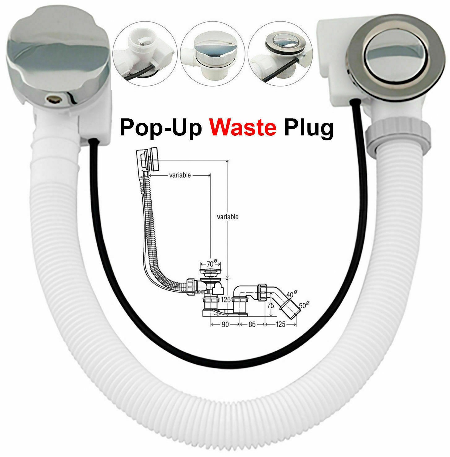 Bath Overflow Concealed Waste Pop-Up Plug & Plastic Pipe and Twist Chrome Handle